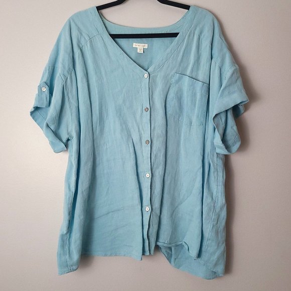 Pure Jill Love Linen Light Blue V-Neck Short Roll Sleeve Button Down - XL Missy - Picture 1 of 3